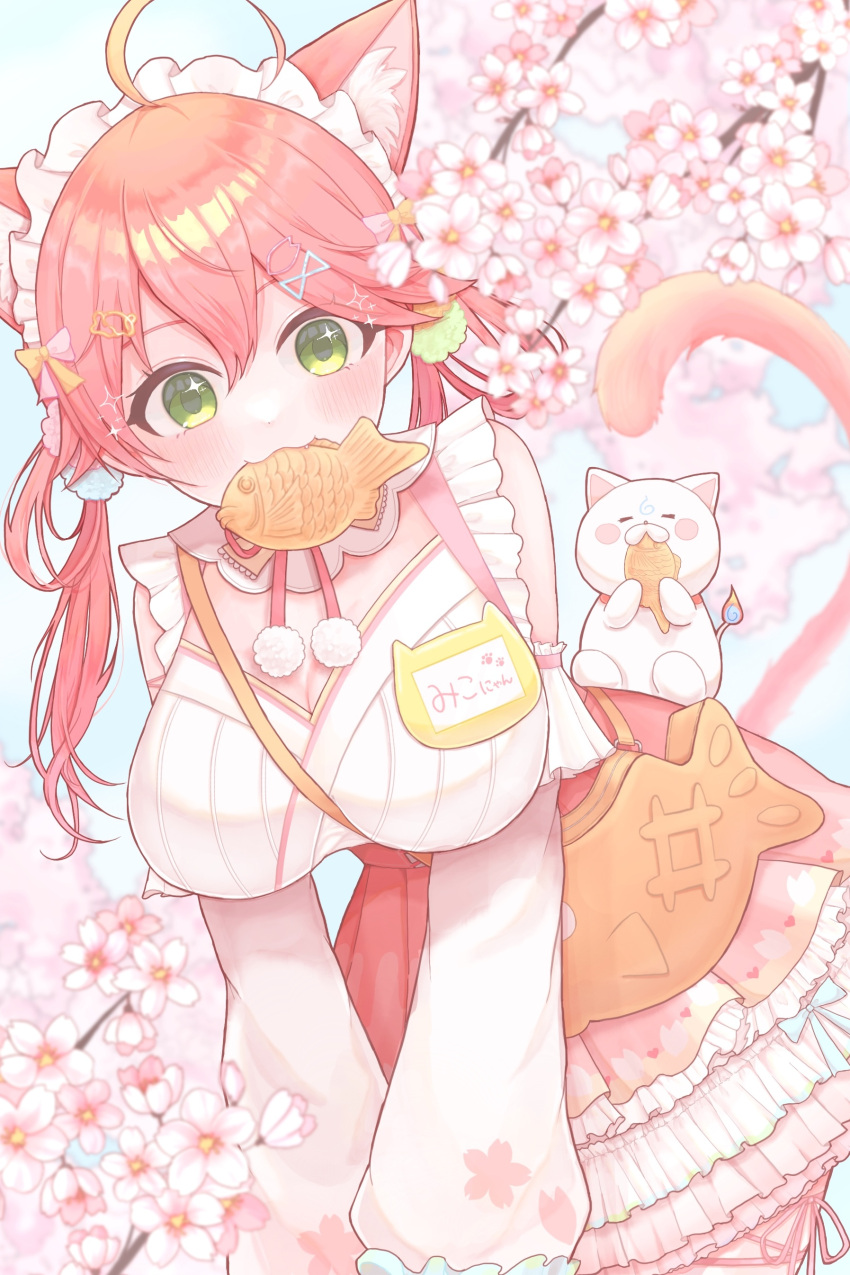 35p_(sakura_miko) :3 absurdres ahoge animal_ears blush breasts cat_ears cat_girl cat_tail cherry_blossoms cleavage cleavage_cutout clothing_cutout day detached_sleeves eating female fish_hair_ornament floral_print food green_eyes hair_ornament hair_rings hairclip highres hololive japanese_clothes kimono large_breasts leaning_forward lolita_fashion looking_at_viewer mouth_hold official_alternate_costume orange_bag outdoors pink_hair pink_kimono sakura_miko sakura_miko_(new_year) sleeveless sleeveless_kimono solo sparkling_eyes srmocca sweet_lolita tail taiyaki twintails virtual_youtuber wa_lolita wagashi