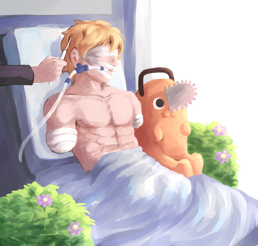 1boy 1other abs absurdres amputee bandaged_arm bandaged_head bandages bed blonde_hair chainsaw_man denji_(chainsaw_man) flower highres holding holding_syringe hospital_bed mae_tnn male_focus on_bed pochita_(chainsaw_man) purple_flower quadruple_amputee stump_cover syringe toned toned_male