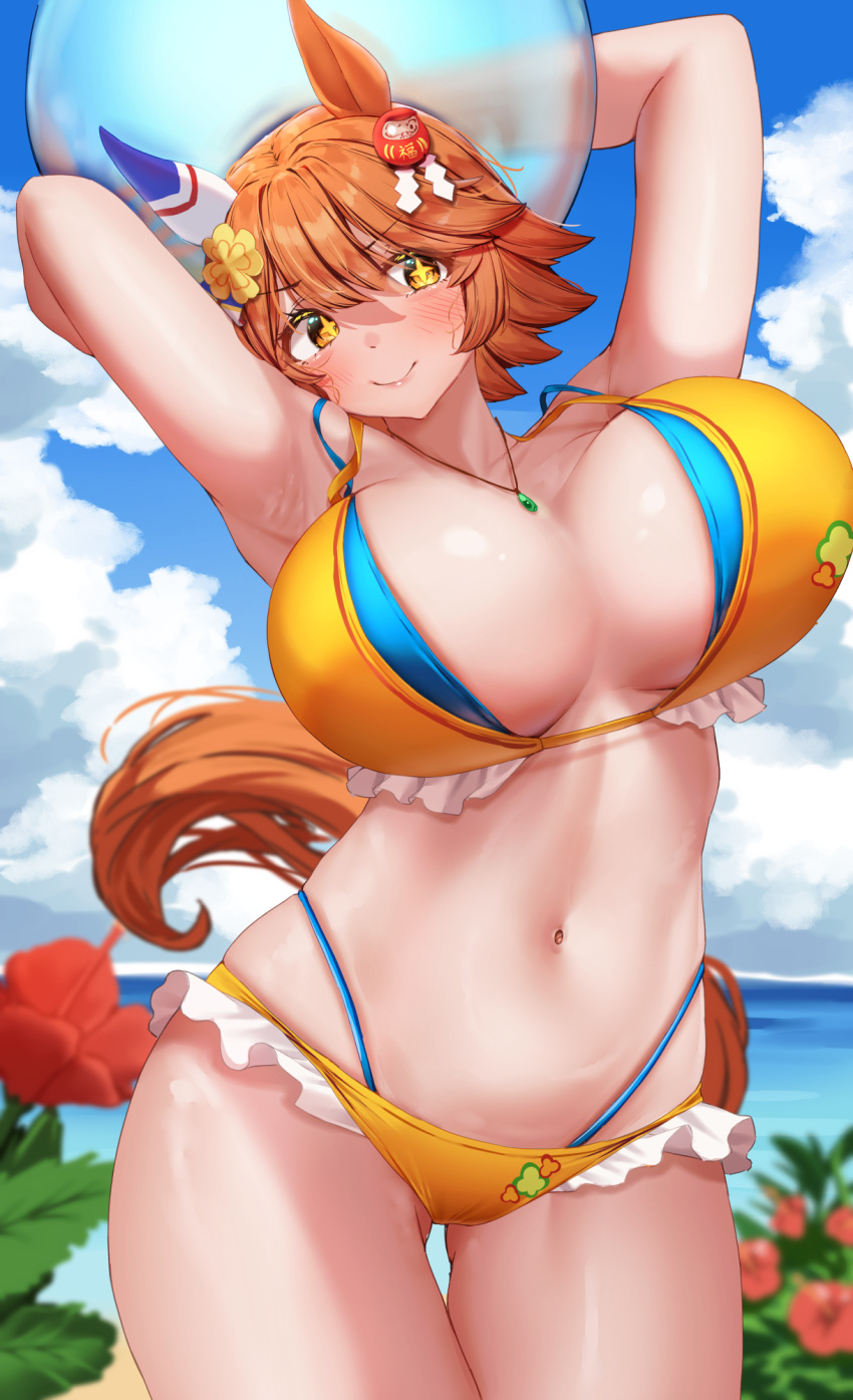 +_+ alternate_breast_size alternate_costume animal_ears armpits arms_up ass_visible_through_thighs ball beach beachball bikini blue_sky blush breasts cleavage closed_mouth cloud cloudy_sky clover_hair_ornament commentary_request cowboy_shot daruma_doll day ear_covers female flipped_hair four-leaf_clover_hair_ornament hair_ornament highres holding holding_ball holding_beachball horse_ears horse_girl horse_tail large_breasts layered_bikini looking_at_viewer matikanefukukitaru_(umamusume) navel ocean orange_bikini orange_hair outdoors sand short_hair single_ear_cover sky smile solo stomach swimsuit tabunshake tail umamusume water