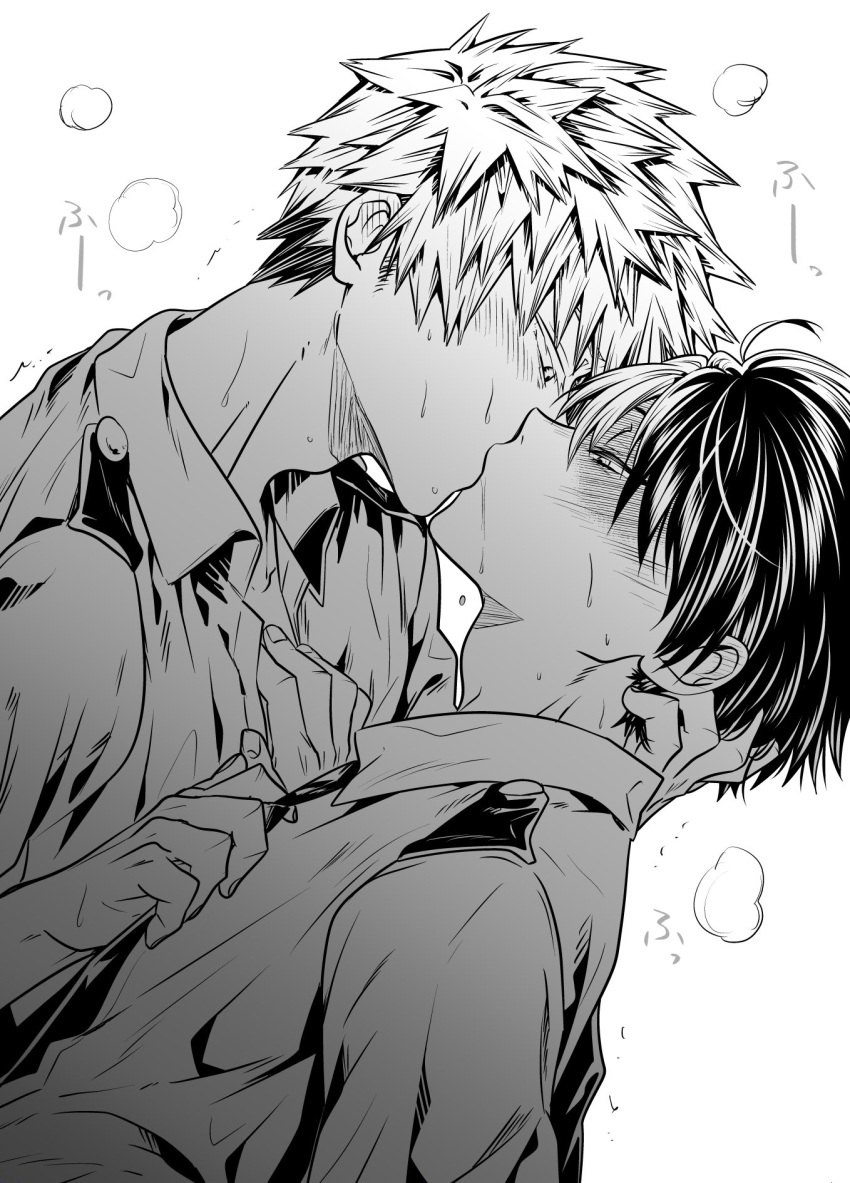 2boys bakugou_katsuki blush boku_no_hero_academia clothes_grab collared_shirt greyscale half-closed_eyes hand_in_another's_hair hand_on_another's_chest heavy_breathing highres ikuhashi_muiko kissing looking_at_another male_focus monochrome multicolored_hair multiple_boys necktie necktie_grab neckwear_grab saliva_drip shirt short_hair spiked_hair todoroki_shouto two-tone_hair upper_body white_background yaoi