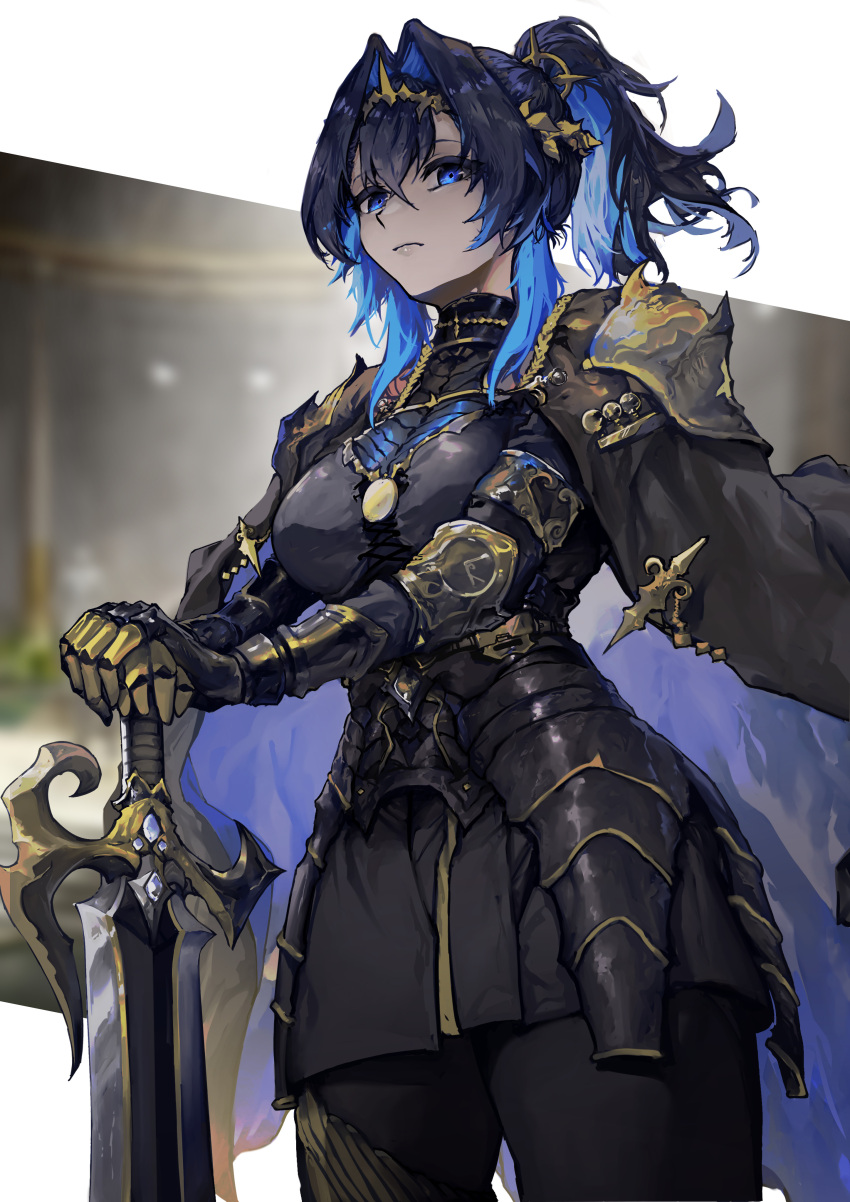 absurdres alternate_costume alternate_hairstyle armor black_armor black_cape blue_eyes blue_hair breasts cape colored_inner_hair crown dark_blue_hair female gauntlets gold_crown gold_trim hair_between_eyes hair_intakes high_ponytail highres holding holding_sword holding_weapon hololive hololive_english large_breasts long_hair looking_at_viewer medieval multicolored_hair ouro_kronii planted planted_sword sidelocks sword virtual_youtuber vyragami weapon