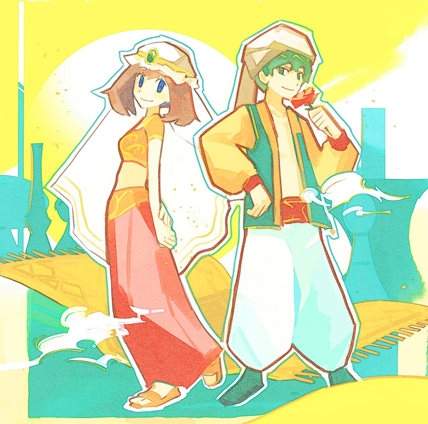 1boy blue_eyes brown_hair closed_mouth commentary cropped_shirt drew_(pokemon) female flower green_footwear green_hair hand_up hat highres holding holding_flower kwastea may_(pokemon) medium_hair orange_footwear orange_shirt pants pink_skirt pokemon pokemon_(anime) pokemon_dppt_(anime) sandals shirt shoes short_hair short_sleeves skirt smile standing symbol-only_commentary veil white_hat white_pants