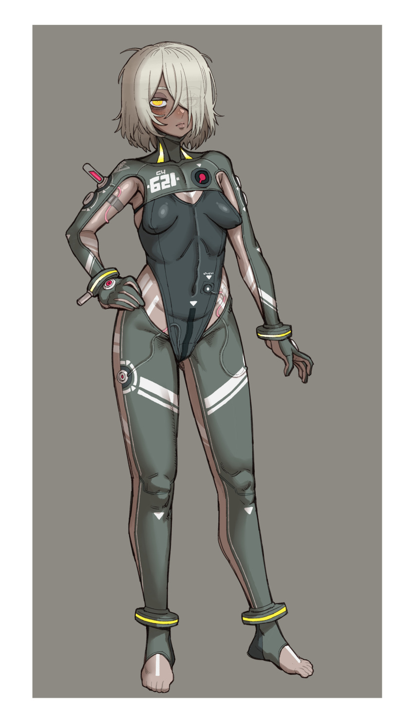 621_(armored_core_6) absurdres armored_core armored_core_6 blush bodysuit breasts character_name closed_mouth commentary_request covered_navel dark-skinned_female dark_skin ebonyxh english_commentary eyes_visible_through_hair female freckles full_body grey_background hair_over_one_eye highres looking_at_viewer mecha_pilot_suit messy_hair pilot_suit pointy_breasts ringed_eyes short_hair simple_background skin_tight small_breasts solaria_(ebonyxh) standing sweat white_background white_hair yellow_eyes