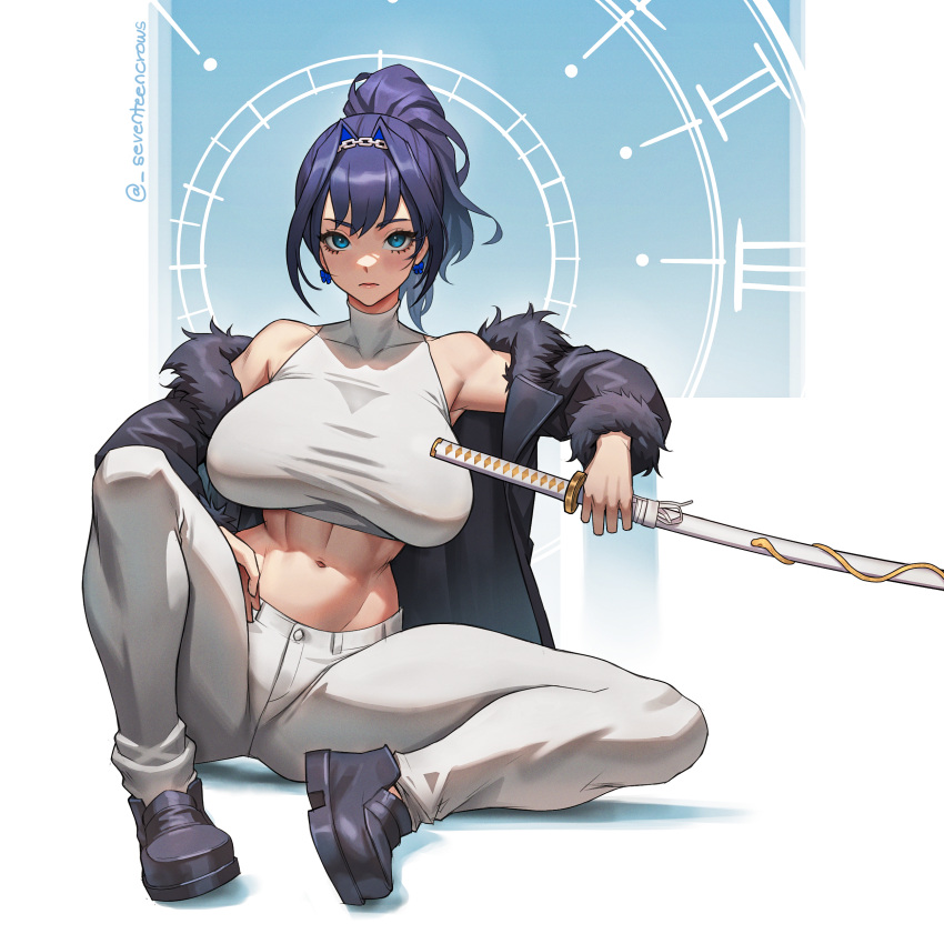 abs absurdres alternate_costume bare_shoulders black_footwear black_jacket blue_eyes blue_hair bow bow_earrings breasts chain_headband chains closed_mouth crop_top earrings english_commentary female fur-trimmed_collar fur_trim hair_intakes high_ponytail highres holding holding_sword holding_weapon hololive hololive_english jacket jewelry katana large_breasts looking_at_viewer muscular muscular_female navel off_shoulder ouro_kronii pants ribbon_earrings seventeencrows shirt sidelocks sitting sleeveless sleeveless_shirt solo sword virtual_youtuber weapon white_background white_pants white_shirt