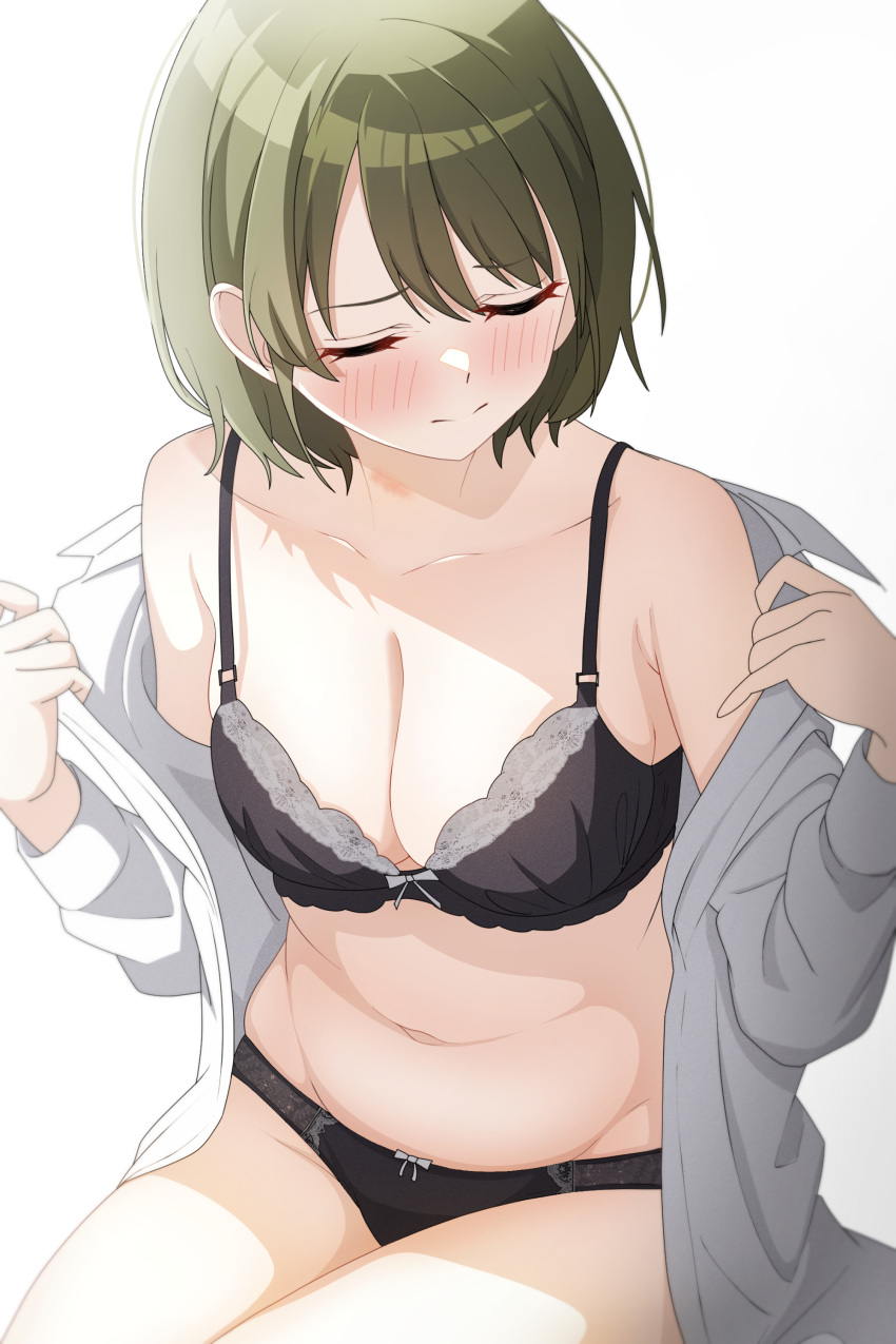 absurdres black_bra black_panties blush bob_cut bow bow_bra bow_panties bra breasts cleavage closed_eyes closed_mouth collared_shirt commentary dress_shirt female green_hair hands_up highres idolmaster idolmaster_shiny_colors lace-trimmed_bra lace_trim lingerie long_sleeves medium_breasts musha_no_kozi nanakusa_nichika navel open_clothes open_shirt panties parted_bangs shirt short_hair simple_background sitting solo stomach underwear undressing white_shirt