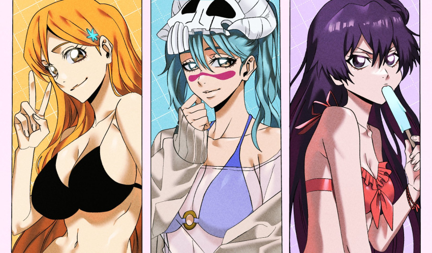 3girls aqua_background aqua_hair bambietta_basterbine bikini black_bikini bleach blue_bikini breasts brown_eyes cardigan cardigan_partially_removed cleavage facial_mark food furrowed_brow grey_cardigan hair_behind_ear hair_between_eyes hair_ornament highres holding holding_food holding_ice_cream ice_cream ice_cream_bar inoue_orihime large_breasts mask mask_on_head multiple_girls n_(nauki_11) navel nelliel_tu_odelschwanck orange_background orange_hair ponytail purple_background purple_hair red_bikini see-through_clothes see-through_shirt shirt skull_mask smile snowflake_hair_ornament swimsuit upper_body v