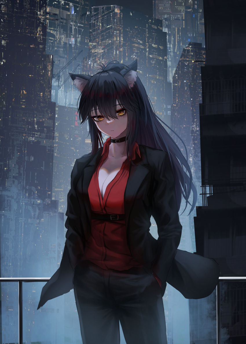 absurdres animal_ear_fluff animal_ear_piercing animal_ears arknights black_choker black_jacket black_pants blazer breasts building choker cleavage closed_mouth collared_shirt commentary cowboy_shot crane_(machine) cyberpunk female hair_between_eyes hands_in_pockets highres jacket lapels large_breasts long_sleeves looking_at_viewer night official_alternate_costume outdoors pants red_shirt shirt solo standing takagi_(takag1_k2) texas_(arknights) texas_(willpower)_(arknights) wolf_ears wolf_girl yellow_eyes