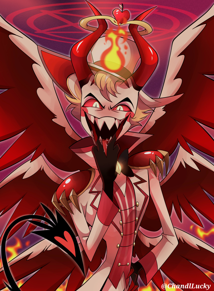 1boy absurdres blonde_hair chandllucky colored_sclera demon_boy demon_horns demon_wings hat hazbin_hotel highres horns implied_cunnilingus looking_at_viewer lucifer_morningstar_(hazbin_hotel) red_sclera sharp_teeth slit_pupils solo suit teeth tongue tongue_out white_hat wings yellow_eyes