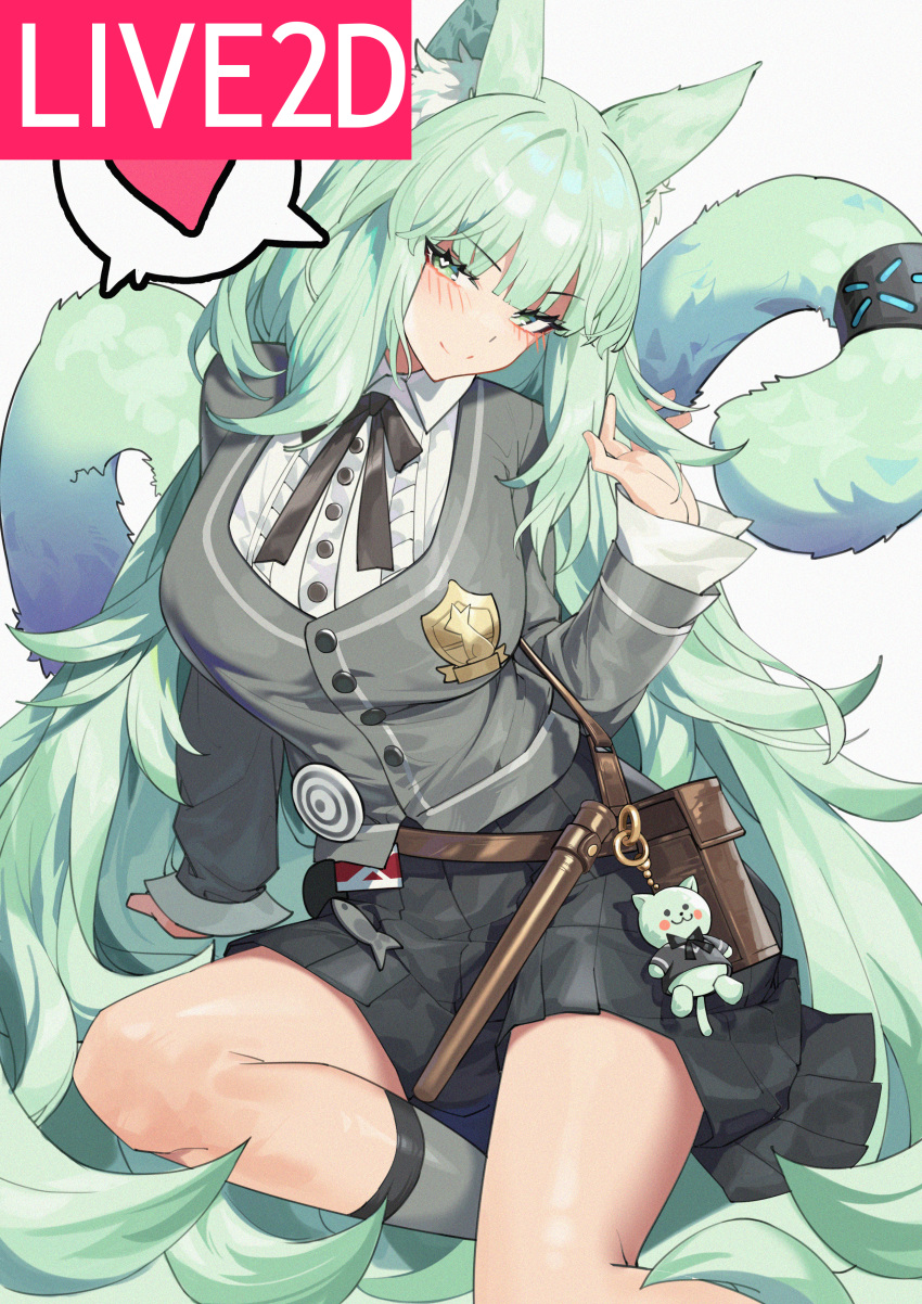 absurdres animal_ear_fluff animal_ears arknights belt black_ribbon black_skirt blush brown_belt cardigan cat_ears cat_tail commentary_request feet_out_of_frame female green_eyes green_hair grey_cardigan hair_spread_out hand_in_own_hair harmonie_(arknights) heart henz highres infection_monitor_(arknights) long_hair long_sleeves looking_at_viewer miniskirt neck_ribbon ribbon shirt simple_background sitting skirt smile solo tail thighs very_long_hair white_background white_shirt