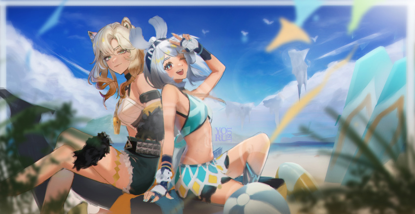 2girls absurdres animal_ears arm_support arm_up armlet bare_shoulders beach belt bird blonde_hair blue_hair blue_hairband blue_headband blurry blurry_foreground cloud commentary cutoffs english_commentary genshin_impact green_eyes hairband hawaiian_clothes headband high-waist_shorts highres jaguar_ears jaguar_girl jewelry light_blue_hair long_hair looking_at_viewer mualani_(genshin_impact) multiple_girls one_eye_closed open_mouth outdoors red_eyes sand shore shorts sitting sky studded_belt tan w xilonen_(genshin_impact) yorulost