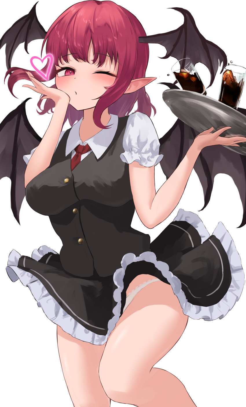 ;o absurdres alternate_hairstyle bare_legs black_skirt black_vest breasts cola demon_wings eru_aise feet_out_of_frame female fingernails head_wings heart highres koakuma looking_at_viewer medium_breasts medium_hair necktie one_eye_closed panties pointy_ears puffy_short_sleeves puffy_sleeves red_eyes red_hair red_necktie shirt short_sleeves simple_background skirt skirt_set solo touhou underwear vest white_background white_panties white_shirt wings