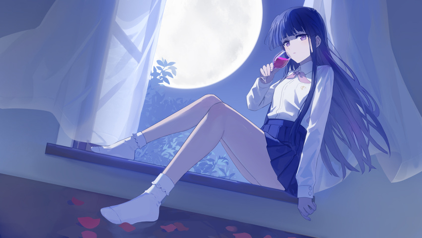 blue_hair blue_skirt blunt_bangs breasts collared_shirt cup drinking_glass emblem female full_moon furude_rika higurashi_no_naku_koro_ni hime_cut holding holding_cup looking_at_viewer moon night open_window parted_lips pleated_skirt purple_eyes school_uniform shirt shirt_tucked_in sidelocks skirt small_breasts socks solo st._lucia_academy_school_uniform usamin_(megumikira) white_shirt white_socks window wine_glass