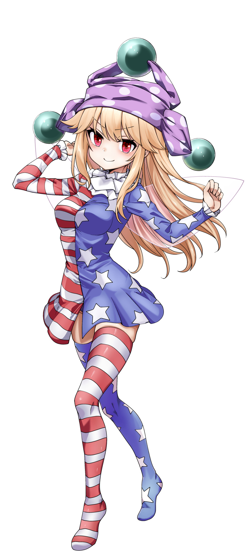 absurdres american_flag american_flag_legwear american_flag_print blonde_hair blue_shirt breasts clownpiece fairy_wings female flag_print full_body hat highres jester_cap kikoka_(mizuumi) long_hair long_sleeves looking_at_viewer medium_breasts multicolored_shirt neck_ruff polka_dot_headwear red_eyes red_shirt shirt simple_background smile solo standing thighhighs touhou transparent_wings white_background wings