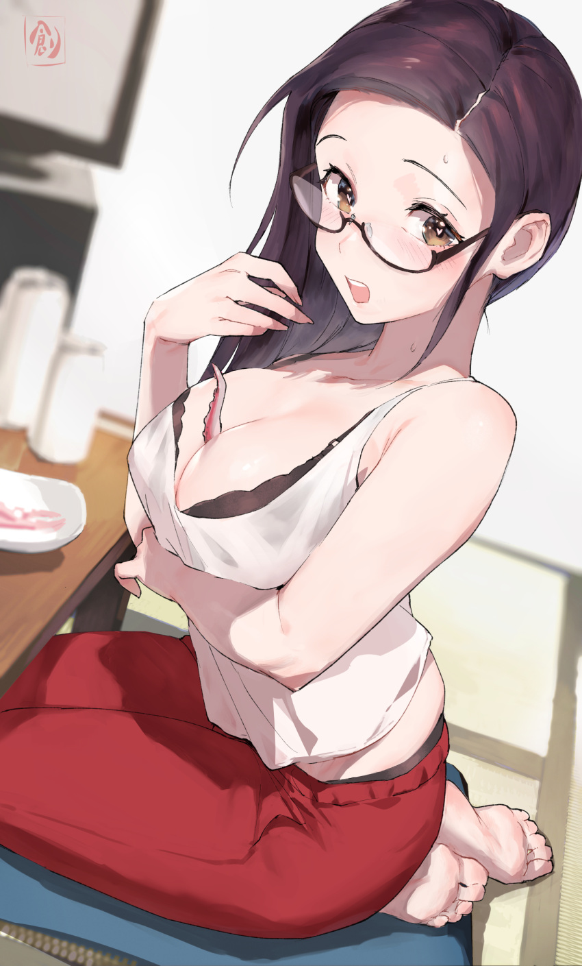 arm_under_breasts bare_shoulders barefoot between_breasts black-framed_eyewear black_bra black_hair black_panties blush bra breasts brown_eyes covered_nipples demi-chan_wa_kataritai demon_girl eringi25 feet female from_side glasses heart heart-shaped_pupils highres indoors large_breasts long_hair looking_at_viewer open_mouth panties pants panty_peek pillow satou_sakie seiza semi-rimless_eyewear sitting soles solo sweatdrop symbol-shaped_pupils table tank_top tentacle track_pants under-rim_eyewear underwear white_tank_top