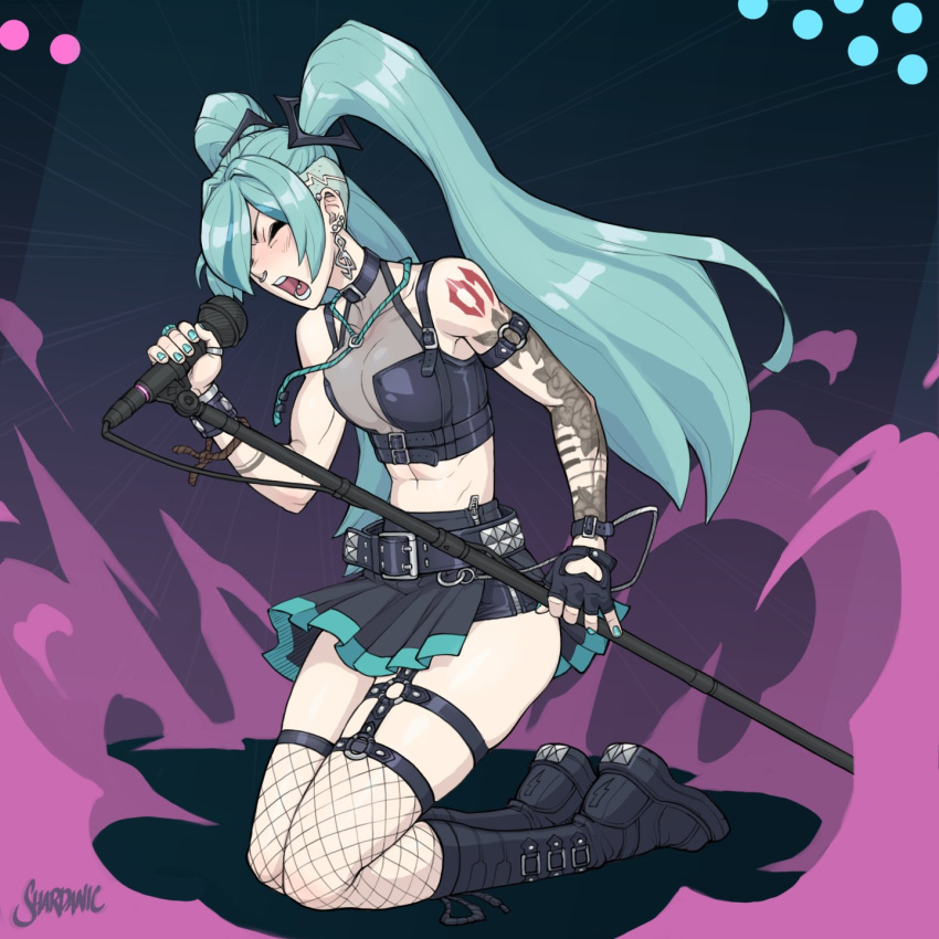 abs adapted_costume alternate_costume aqua_hair aqua_nails arm_tattoo barbell_piercing biceps black_choker black_footwear black_gloves black_skirt boots bracelet breasts choker closed_eyes commentary crop_top ear_piercing earrings english_commentary female fingerless_gloves fishnet_thighhighs fishnets full_body gloves hatsune_miku highres holding holding_microphone holding_microphone_stand jewelry knee_boots kneeling legwear_garter long_hair medium_breasts microphone microphone_stand microskirt multiple_earrings music musical_note_earrings navel necklace nose_piercing nose_ring number_tattoo open_mouth piercing see-through_clothes see-through_shirt shardanic shirt shoulder_tattoo shouting singing single_glove single_legwear_garter skirt skirt_under_skirt solo stage stud_earrings studded_bracelet tattoo thighhighs thumb_ring toned_female tongue_piercing twintails undercut vocaloid zipper_skirt