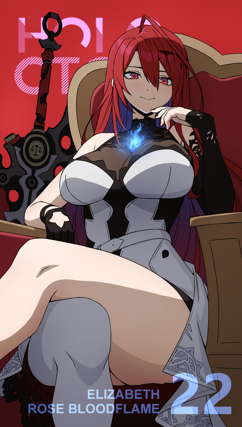 absurdres black_gloves black_nails blue_fire blue_hair breasts cleavage colored_inner_hair crossed_legs daydarion dress elizabeth_rose_bloodflame elizabeth_rose_bloodflame_(1st_costume) female fire gloves highres hololive hololive_english large_breasts leotard leotard_under_clothes long_hair multicolored_hair nail_polish red_background red_eyes red_hair single_glove smile solo thorn_(elizabeth_rose_bloodflame) very_long_hair virtual_youtuber white_dress