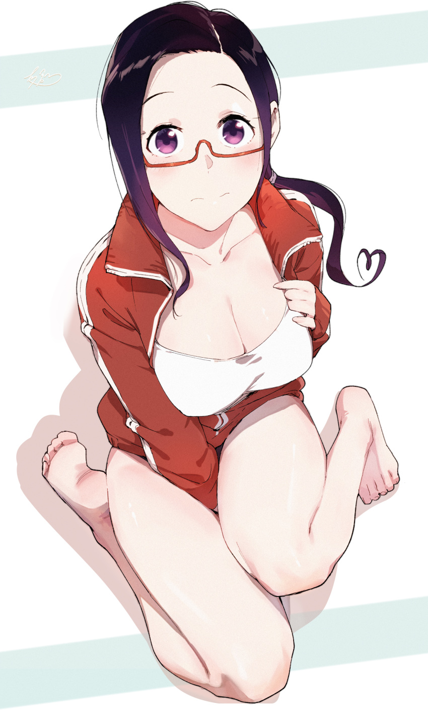 absurdres asymmetrical_sidelocks bare_legs barefoot between_legs black_hair black_panties blush breasts camisole cleavage closed_mouth commentary_request demi-chan_wa_kataritai eringi25 feet female glasses gradient_hair hand_between_legs highres jacket large_breasts long_hair long_sleeves looking_at_viewer low_ponytail multicolored_hair no_pants open_clothes open_jacket panties purple_eyes purple_hair red-framed_eyewear red_jacket satou_sakie semi-rimless_eyewear simple_background sitting soles solo toes track_jacket under-rim_eyewear underwear white_background white_camisole zipper