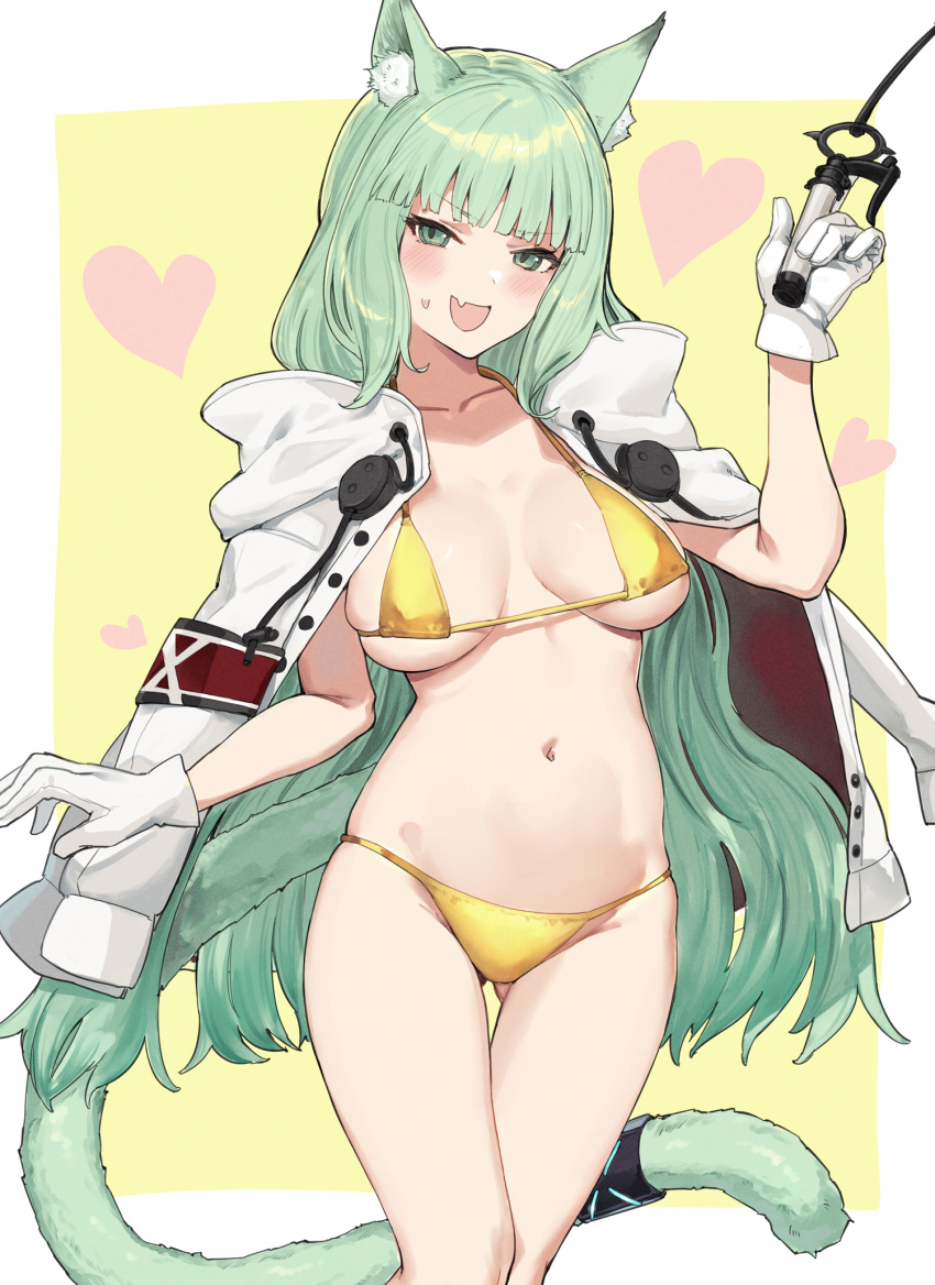 alternate_costume animal_ear_fluff animal_ears arknights bare_legs bikini blush border breasts cat_ears cat_girl cat_tail collarbone commentary_request female gloves gold_bikini green_eyes green_hair harmonie_(arknights) heart highres holding jacket large_breasts long_hair midriff navel oerba_yun_fang open_clothes open_jacket poco_(backboa) simple_background skin_fang solo sweatdrop swimsuit tail thighs white_border white_gloves white_jacket yellow_background