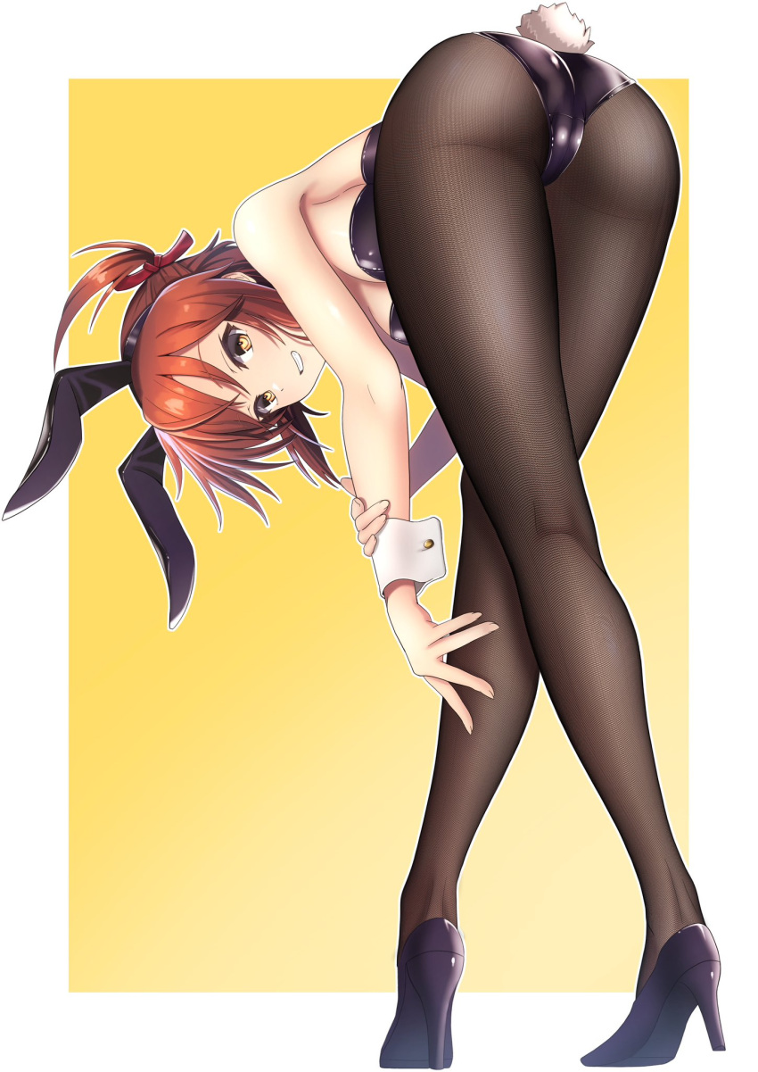 animal_ears ass bent_over border breasts brown_hair bunny_day cleavage commentary_request etou_kanami fake_animal_ears fake_tail female fishnet_pantyhose fishnets high_heels highres leotard looking_at_viewer medium_breasts okaka_factory outside_border pantyhose playboy_bunny purple_footwear purple_leotard rabbit_ears rabbit_tail short_hair simple_background smile solo standing strapless strapless_leotard tail toji_no_miko white_border wrist_cuffs yellow_background yellow_eyes