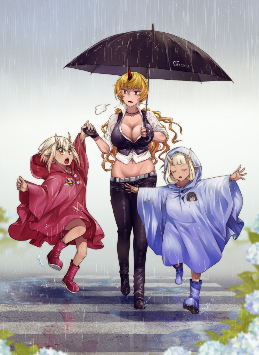 3girls black_pants blonde_hair breasts cleavage commentary_request crosswalk demon_horns flower groin highres holding_hands horns keke_(user_zech7732) large_breasts lark_shasha long_hair lowleg lowleg_pants midriff multiple_girls navel oni open_mouth outstretched_arms pants pointy_ears poncho puddle rain reflection reflective_water siblings single_horn sisters skin-covered_horns sophie_(taimanin) taimanin_(series) taimanin_rpgx twins yuffie_(taimanin)