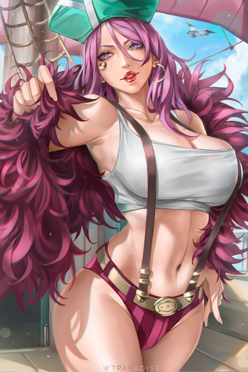 absurdres belt breasts cleavage crop_top earrings female highres hoop_earrings jewelry jewelry_bonney large_breasts micro_shorts midriff navel one_piece parted_lips piercing pink_hair red_lips ship shirt shorts solo suspenders watercraft white_shirt wtparadise