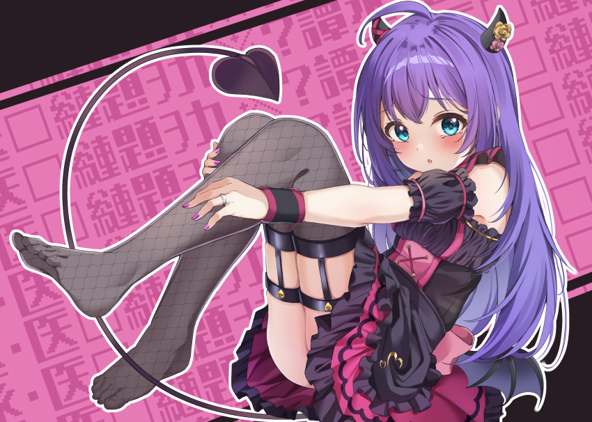 :o absurdres bare_shoulders black_dress blue_eyes blush demon_horns demon_tail demon_wings dress female fishnet_thighhighs fishnets highres horn_ornament horns idolmaster idolmaster_million_live! karamomosu knees_up layered_skirt long_hair looking_at_viewer low_wings mochizuki_anna puffy_short_sleeves puffy_sleeves purple_hair short_sleeves skirt solo tail thigh_strap thighhighs wings wrist_cuffs