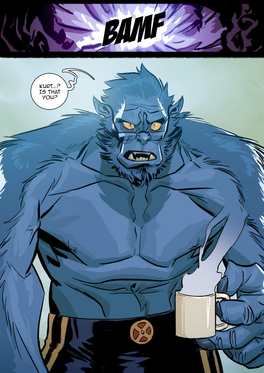 absurd_res animal_humanoid beast_(marvel) beverage big_hands blue_body blue_fur blue_skin bottomwear clothed clothing coffee coffee_mug dialogue digital_media_(artwork) english_text facial_hair fur glass hair hi_res human humanoid male mammal marvel maxspite muscular muscular_male mutant_(x-men) nipples onomatopoeia open_mouth pants pointy_ears sharp_teeth smoke solo sound_effects speech_bubble steam teeth teleport text topless topless_male x-men yellow_eyes