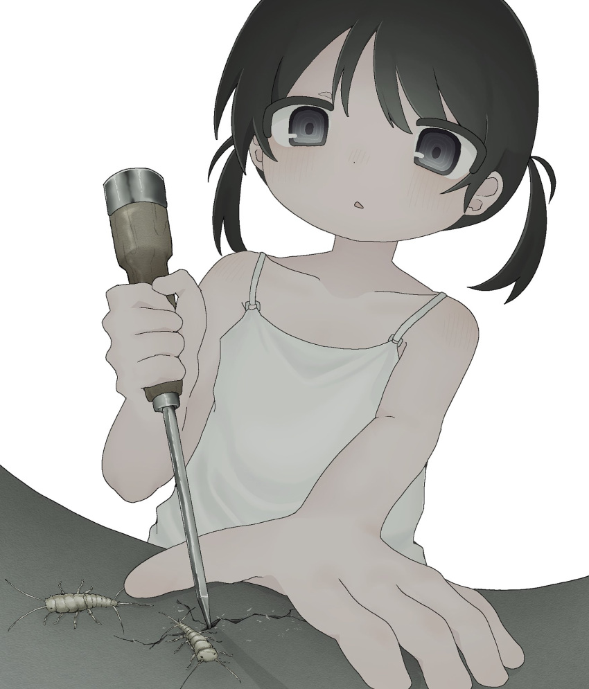 black_hair bug camisole collarbone commentary crack dot_nose female flat_chest foreshortening highres holding ice_pick looking_down magu913 original parted_lips simple_background solo spaghetti_strap symbol-only_commentary twintails white_background white_camisole