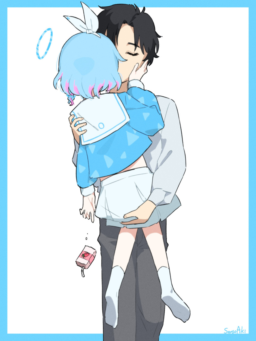 1boy absurdres arona_(blue_archive) artist_name black_hair blue_archive blue_border blue_hair blue_shirt border carrying child_carry closed_eyes dropping female halo hand_on_another's_cheek hand_on_another's_face highres implied_kiss midriff_peek milk_carton multicolored_hair no_shoes pink_hair sanso_aki school_uniform sensei_(blue_archive) sensei_(blue_archive_the_animation) serafuku shirt short_hair simple_background skirt socks straight two-tone_hair white_background white_skirt white_socks