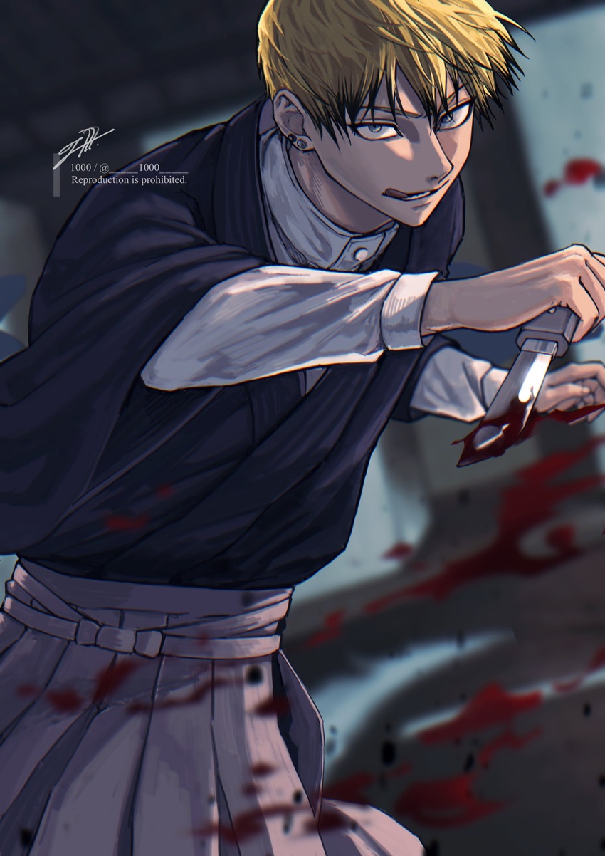 1000_(user_1527793) 1boy :q black_eyes black_kimono blonde_hair blood blood_on_weapon cowboy_shot ear_piercing fighting_stance hakama hakama_skirt highres holding holding_knife japanese_clothes jujutsu_kaisen kimono knife long_sleeves male_focus piercing protected_link reverse_grip shirt short_hair skirt smile solo standing tongue tongue_out twitter_username weapon white_shirt wide_sleeves zen'in_naoya