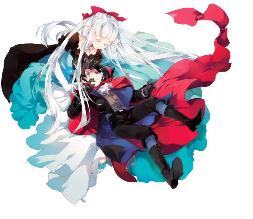 1boy absurdres age_regression aged_down belt black_gloves black_hair boots cape collar comta cross-laced_footwear dress elf female formal gloves grey_eyes hair_ribbon highres lace-up_boots long_dress long_hair maou_no_ore_ga_dorei_elf_wo_yome_ni_shitanda_ga_dou_medereba_ii? metal_collar nephelia official_art pointy_ears red_cape ribbon suit very_long_hair white_background white_gloves white_hair white_legwear zagan_(maou_no_ore_ga)