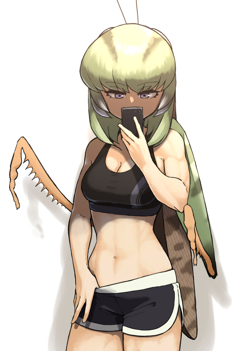 arthropod_girl black_sports_bra bug cellphone commentary_request dolphin_shorts evolvingmonkey female grasshopper grasshopper_inoue green_hair highres monster_girl muscular muscular_female original phone purple_eyes selfie short_shorts shorts smartphone solo sports_bra sportswear white_background