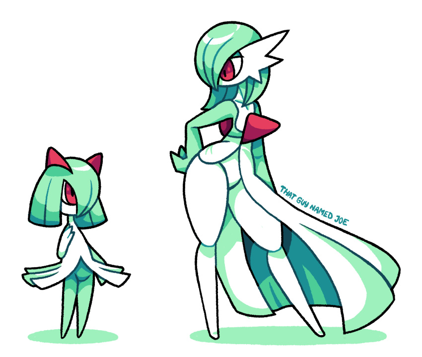 ambiguous_gender anthro clothed clothing duo gardevoir generation_3_pokemon green_hair hair hi_res kirlia nintendo partially_clothed pokemon pokemon_(species) signature simple_background thatguynamedjoe thick_thighs toony white_background wide_hips young