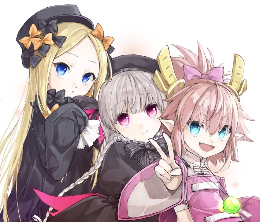 3girls abigail_williams_(fate) apron bare_shoulders beret black_bow black_dress black_headwear blonde_hair blue_eyes bow braid breasts detached_sleeves dragon_girl dragon_horns dragon_tail dress elizabeth_bathory_(fate) fate/extra fate/grand_order fate_(series) forehead frills grey_hair hairbow hat high_ponytail horns jewelry kino_kokko kumonryuu_eliza_(fate) long_hair long_sleeves looking_at_viewer multiple_girls multiple_hair_bows necklace nursery_rhyme_(fate) open_mouth orange_bow parted_bangs pink_apron pink_bow pink_hair pink_sleeves pointy_ears puffy_short_sleeves puffy_sleeves purple_eyes ribbed_dress shirt short_sleeves sidelocks sleeveless sleeveless_shirt sleeves_past_fingers sleeves_past_wrists small_breasts smile tail twin_braids v white_shirt wide_sleeves