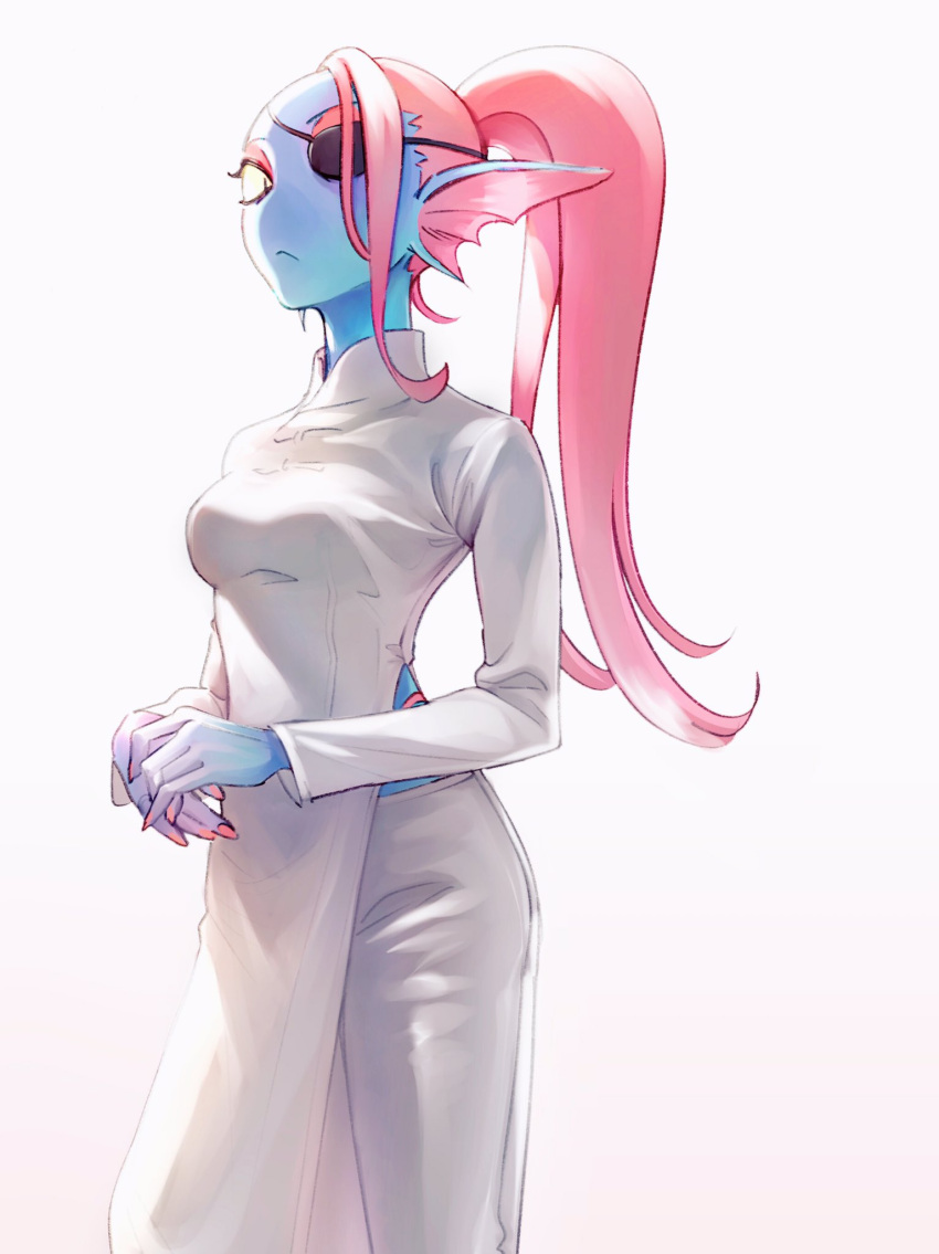 5_fingers blue_body bottomwear clothing female fin fingers fish hair hi_res looking_at_viewer marine monster noaharbre pants ponytail red_hair shirt simple_background solo standing topwear undertale undertale_(series) undyne white_background white_bottomwear white_clothing white_pants white_shirt white_topwear