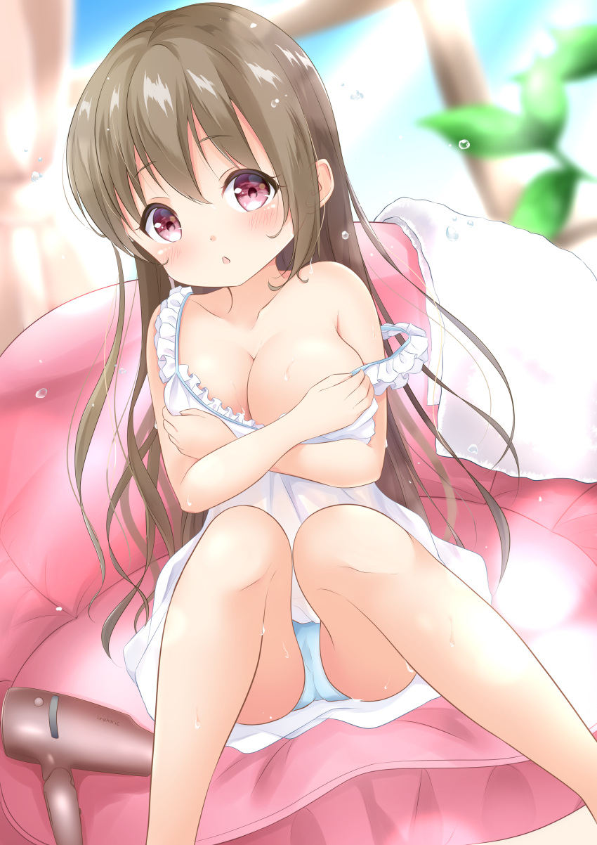 absurdres blue_panties blush breasts brown_hair cleavage collarbone day dress female hair_between_eyes highres inahori indoors large_breasts long_hair looking_at_viewer moe2020 open_mouth oppai_loli original panties plant red_eyes sitting solo strap_slip sundress towel underwear water_drop white_dress window