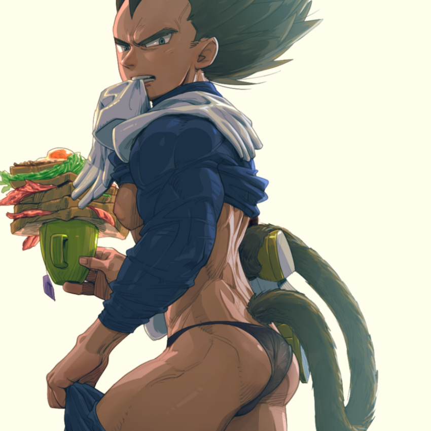 1boy ass bara bare_back bare_pectorals black_male_underwear briefs clothes_lift commentary_request cup dragon_ball dragon_ball_z feet_out_of_frame food frown glove_in_mouth gloves highres holding holding_cup looking_at_viewer looking_to_the_side male_focus male_underwear monkey_tail mouth_hold mug muscular muscular_male nipples no_pants pectorals receding_hairline saiyan_armor sandwich shirt_lift short_hair sideburns solo spiked_hair supobi tail thick_eyebrows thick_thighs thighs underpec underwear undressing unworn_armor vegeta