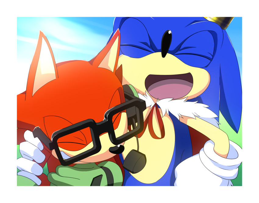 anthro blue_body blue_fur border canid canine canis cape clothing crown custom_character_(sonic_forces) duo eulipotyphlan fur gadget_the_wolf gloves hand_on_shoulder handwear happy headgear hedgehog hi_res kalk427 male mammal open_mouth open_smile red_body red_fur sega smile sonic_forces sonic_the_hedgehog sonic_the_hedgehog_(series) white_border wolf