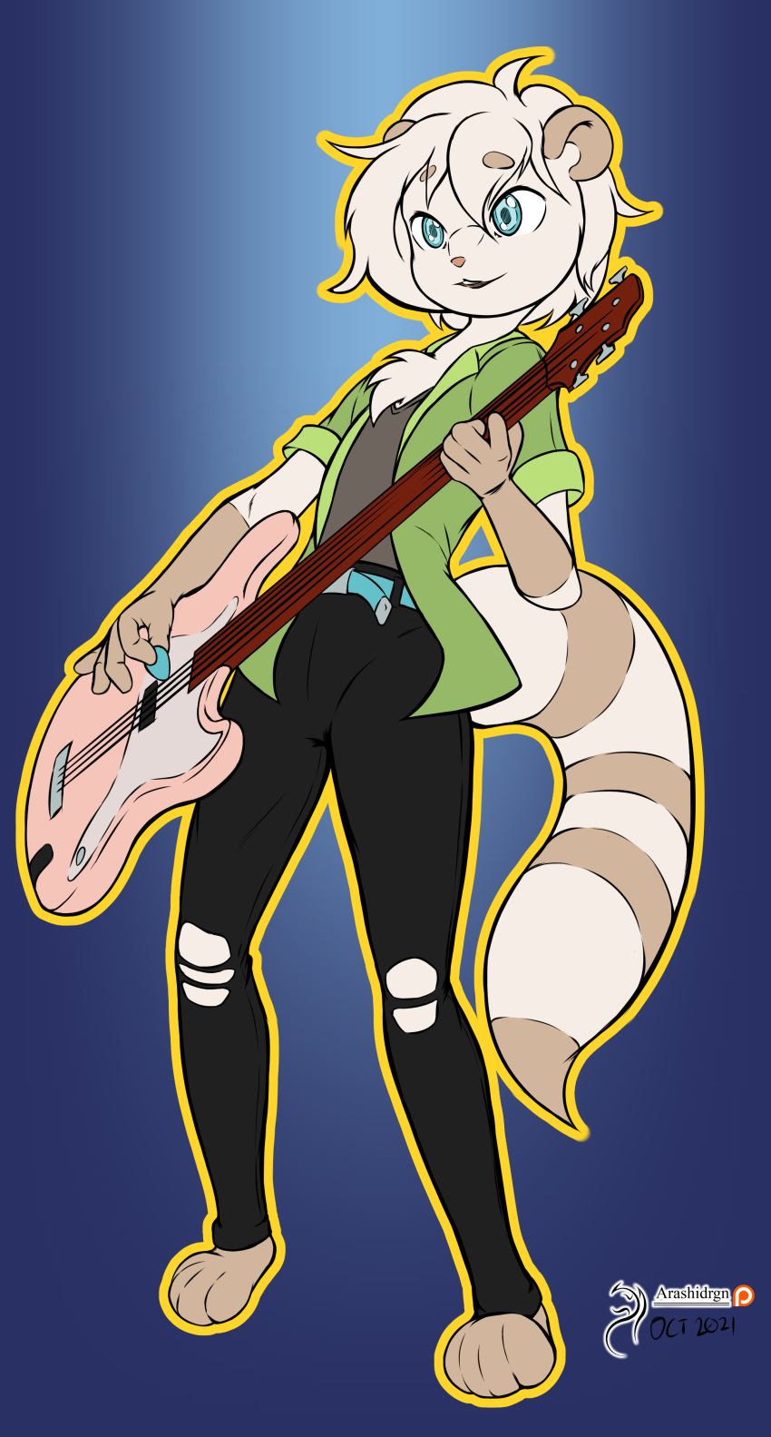 2021 absurd_res arashidrgn bass_guitar clothed clothing fur guitar hair hi_res kenny_(kennyoung) male mammal musical_instrument plucked_string_instrument procyonid raccoon solo string_instrument