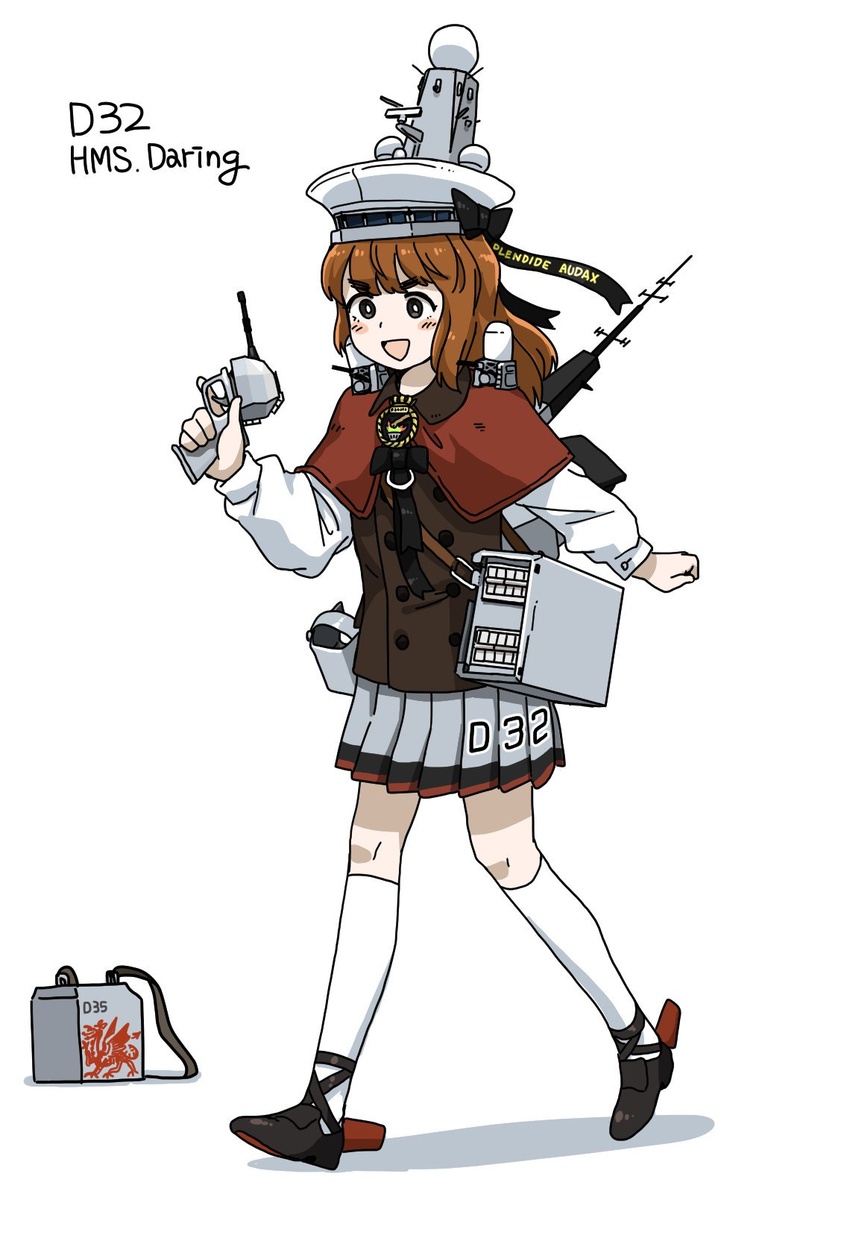 :d anyan_(jooho) black_eyes black_footwear blush_stickers brown_hair brown_vest buttons capelet female grey_skirt gun hat highres hms_daring_(d32) holding holding_weapon holster kneehighs korean_commentary long_hair long_sleeves mecha_musume medium_skirt open_mouth original phalanx_ciws pleated_skirt red_capelet royal_navy shirt shoes simple_background skirt smile socks solo vest walking weapon white_background white_hat white_shirt white_socks