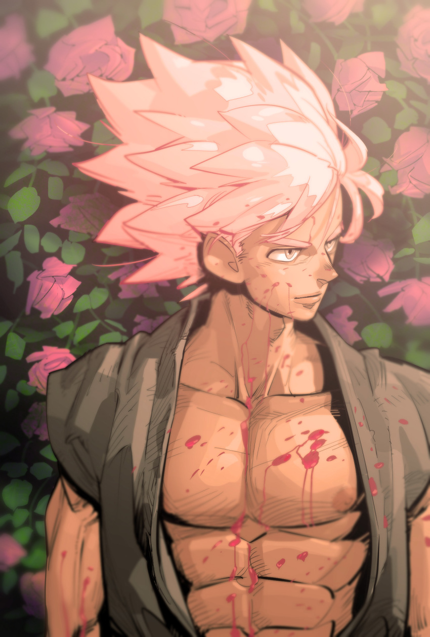 1boy bara bare_pectorals blood blood_on_chest blood_on_face commentary_request dark-skinned_male dark_skin dougi dragon_ball dragon_ball_super floral_background flower goku_black highres large_pectorals looking_to_the_side male_focus muscular muscular_male nipples open_clothes open_shirt pectorals pink_flower pink_hair short_hair sideburns solo super_saiyan super_saiyan_rose supobi thick_eyebrows wind