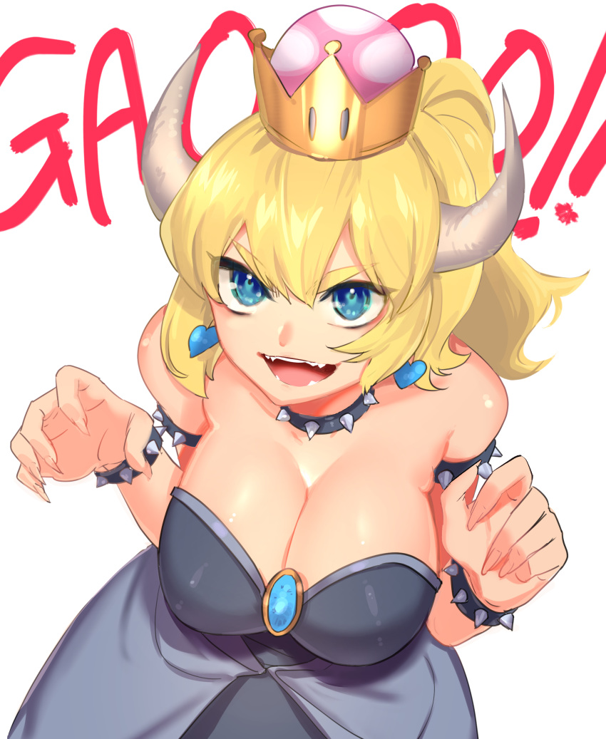 absurdres armlet bare_shoulders black_collar black_dress blonde_hair blue_eyes bowsette bracelet breasts claw_pose cleavage collar commentary_request crown dress earrings fangs female fingernails gao hair_between_eyes hands_up heart high_ponytail highres hisakawa_haru horns jewelry large_breasts leaning_forward long_hair mario_(series) new_super_mario_bros._u_deluxe open_mouth partial_commentary ponytail sharp_fingernails simple_background smile solo sound_effects spiked_armlet spiked_bracelet spiked_collar spikes strapless strapless_dress super_crown upper_body v-shaped_eyebrows white_background