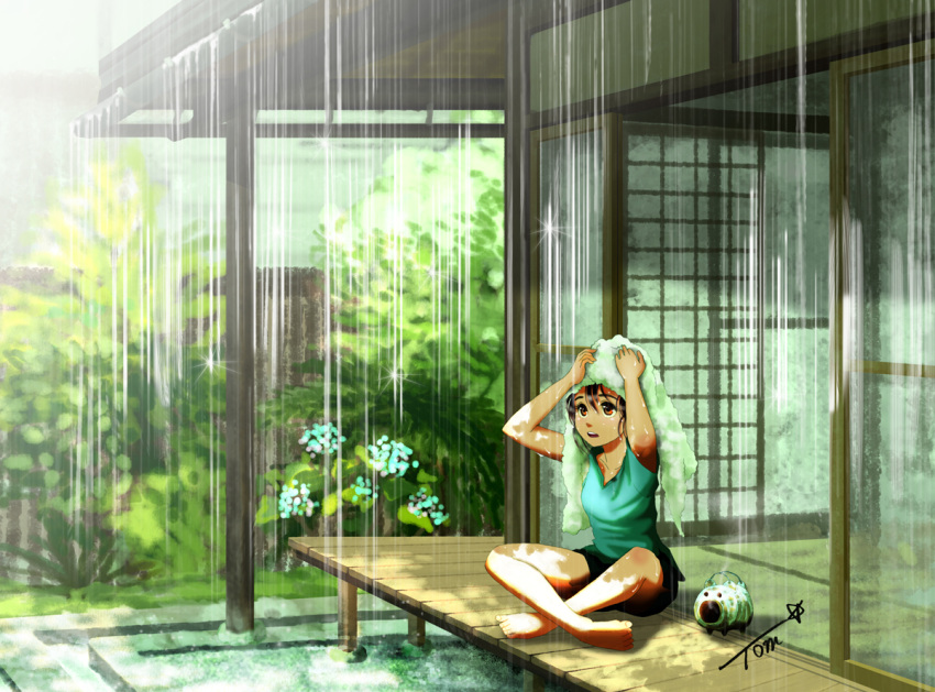 aqua_flower aqua_shirt arms_up black_shorts chutohampa crossed_legs dappled_sunlight female leaf original outdoors parted_lips plant shadow shirt short_sleeves shorts signature sitting solo sunlight towel