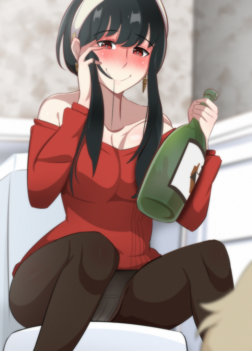 1boy absurdres alcohol bare_shoulders black_hair blonde_hair blush bottle breasts cleavage closed_mouth commentary commission drink drunk dvljoe female furrowed_brow hair_in_own_mouth half-closed_eyes hand_in_own_hair highres large_breasts loose_hair_strand off-shoulder_sweater off_shoulder panties pantyhose red_eyes red_sweater see-through see-through_legwear sidelocks sitting smile solo_focus spread_legs spy_x_family sweater twilight_(spy_x_family) underwear wine_bottle yor_briar