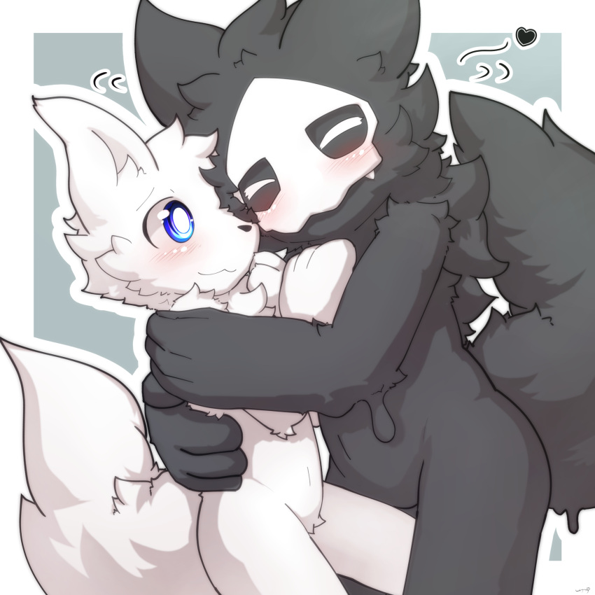 1:1 anthro biped black_body black_fur blue_eyes blush canid canine canis changed_(video_game) daww duo featureless_crotch fur goo_creature heart_symbol hi_res hug lin_(changed) male male/male mammal mask nude popkage puro_(changed) white_body white_fur wolf