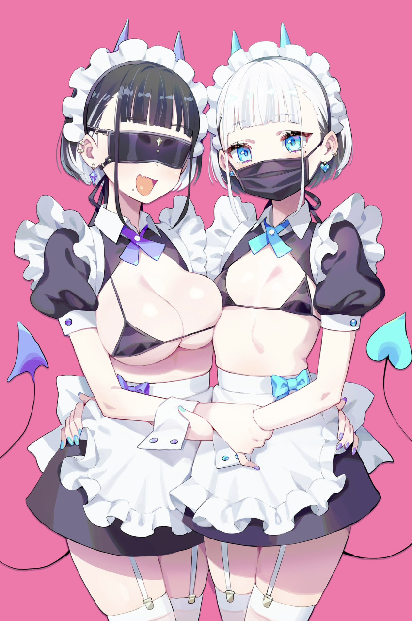 2girls apron arm_around_waist bikini bikini_under_clothes black_bikini black_hair black_skirt blindfold blue_eyes blue_nails blunt_bangs breasts cleavage colored_inner_hair commentary_request covered_eyes cowboy_shot demon_girl demon_tail ear_piercing earrings fanged_bangs frilled_apron frills garter_straps heart heart_earrings high-waist_skirt highres holding_another's_wrist horns jewelry kunikune large_breasts looking_at_viewer maid maid_headdress mask miniskirt mole mole_under_eye mole_under_mouth mouth_mask multicolored_hair multiple_girls open_mouth original piercing pink_background puffy_short_sleeves puffy_sleeves purple_nails short_hair short_sleeves shrug_(clothing) simple_background skirt small_breasts smile swimsuit tail thighhighs two-tone_hair unconventional_maid white_apron white_hair white_thighhighs wrist_cuffs zettai_ryouiki