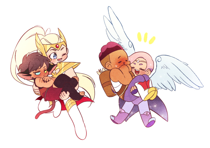 1boy 3girls adora_(she-ra) angel_wings animal_ears blonde_hair blush boots bow_(she-ra) carrying cat_ears cat_girl cat_tail catra chibi circlet claws couple crossed_arms dark-skinned_male dark_skin feathered_wings glimmer_(she-ra) heterochromia masters_of_the_universe multiple_girls pink_hair ponytail princess_carry quiver she-ra_and_the_princesses_of_power short_hair simple_background sleeveless smile straight su_ggushi tail tiara toeless_legwear wings yuri