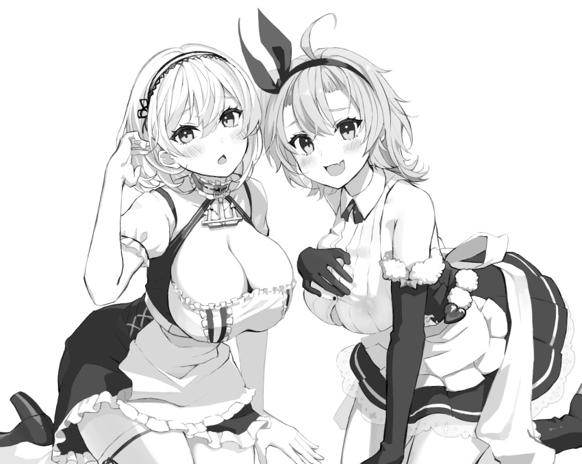 2girls :d ahoge anchor_choker arm_support armpit_crease azur_lane bad_id bad_pixiv_id bare_shoulders blush bow breasts button_gap chestnut_mouth choker cleavage collarbone elbow_gloves frilled_choker frills gloves greyscale hair_between_eyes hairband hamuhamu_hamuo hand_on_own_chest hand_up high_heels kent_(azur_lane) kneeling lace-trimmed_hairband lace_trim large_breasts leaning_forward looking_at_viewer monochrome multiple_girls nipples no_bra oerba_yun_fang open_mouth puffy_short_sleeves puffy_sleeves see-through short_hair short_sleeves simple_background sirius_(azur_lane) sleeveless smile thighhighs thighs white_background