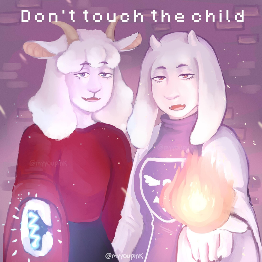 1:1 age_difference anthro boss_monster_(undertale) bottomwear bovid brick_background caprine claws clothing crossover duo electroshock_weapon elemental_manipulation eyelashes fairy_tales fangs female fire fire_manipulation fur goat hair hi_res holding_object holding_weapon horn looking_at_viewer mammal mature_anthro mature_female mother_goat my_little_goat myyoupink robe skirt smile stern stun_gun teeth text the_wolf_and_the_seven_little_goats threatening toriel undertale undertale_(series) weapon white_body white_fur white_hair