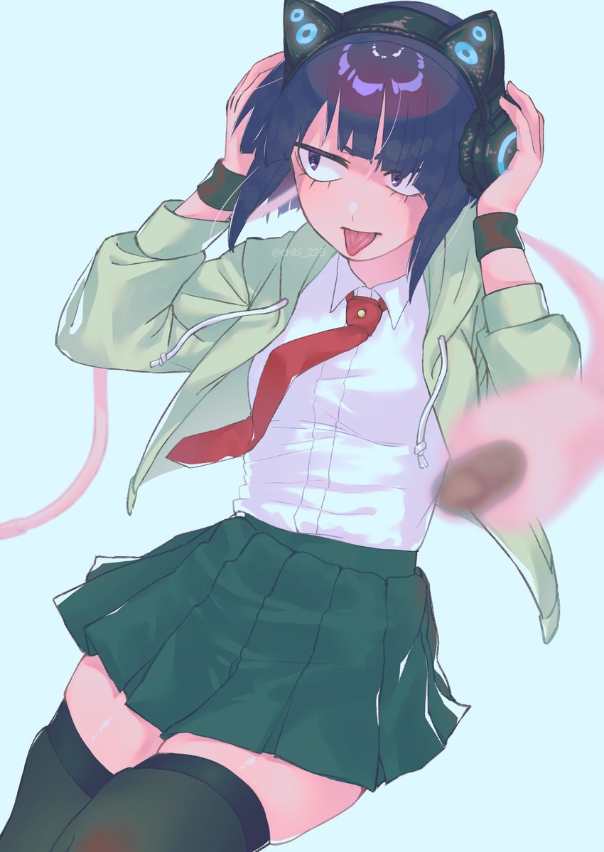 animal_ear_headphones animal_ears audio_jack blurry blurry_foreground boku_no_hero_academia chibi_228 collared_shirt depth_of_field fake_animal_ears female green_hoodie green_skirt green_thighhighs headphones highres hood hoodie jirou_kyouka miniskirt necktie open_clothes open_hoodie pleated_skirt purple_eyes purple_hair red_necktie shirt short_hair simple_background skirt solo thighhighs tongue tongue_out white_background white_shirt